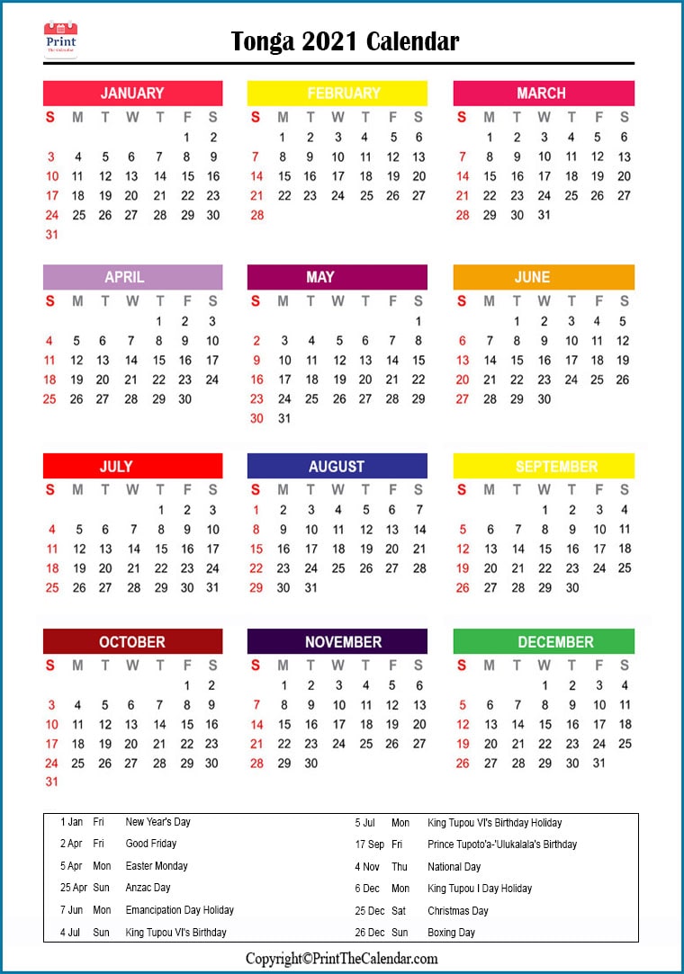 Tonga Printable Calendar 2021